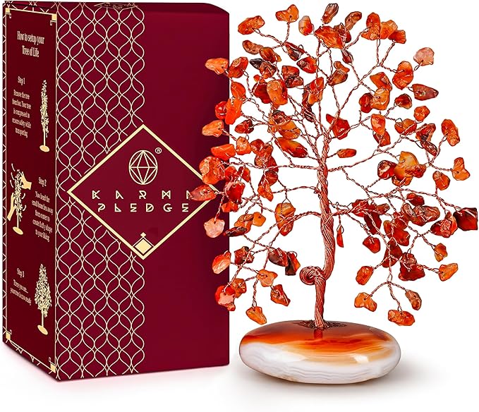 KARMAPLEDGE Crystal Tree of Life Home and Office Feng Shui Decor, Carnelian Healing Crystal Handmade Bonsai Tree for Positive Energy, Good Luck, Money, Christmas Decor, Birthday Gifts for Women, Mom