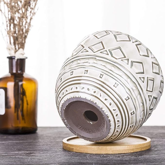 VanEnjoy 5.5 inch Large Round Bohemian Style Ceramic Planter, Geometry Engrave Off White Brown Succulent Planter Flower Pot - Indoor Outdoor Decorative Planter