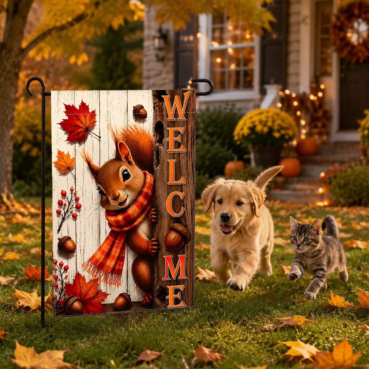 Fall Decor - Squirrel Welcome Garden Flag | Thanksgiving Decorations