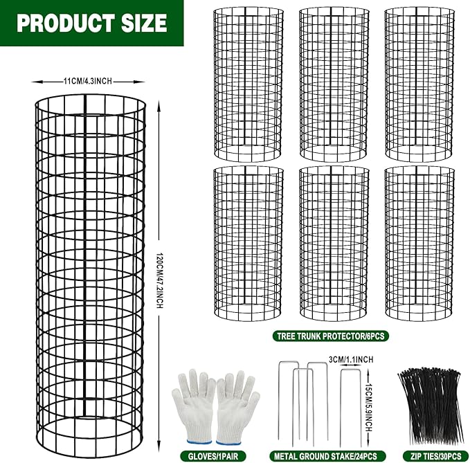 6Pcs Metal Tree Trunk Protector Guard, 48” × 13.7" Mesh Tree Guard with 30 Pcs Ties, 1 Pair of Gloves, 16 Ground Stakes for Tree Protectors from Deer Mowers Trimmers