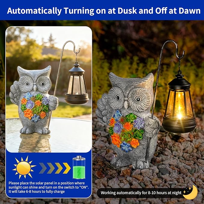 Solar Owl Garden Statue with Succulent Decor & Hanging Lantern – Outdoor Resin Decor for Patio, Yard, Balcony – Unique Gift for Women, Gardeners
