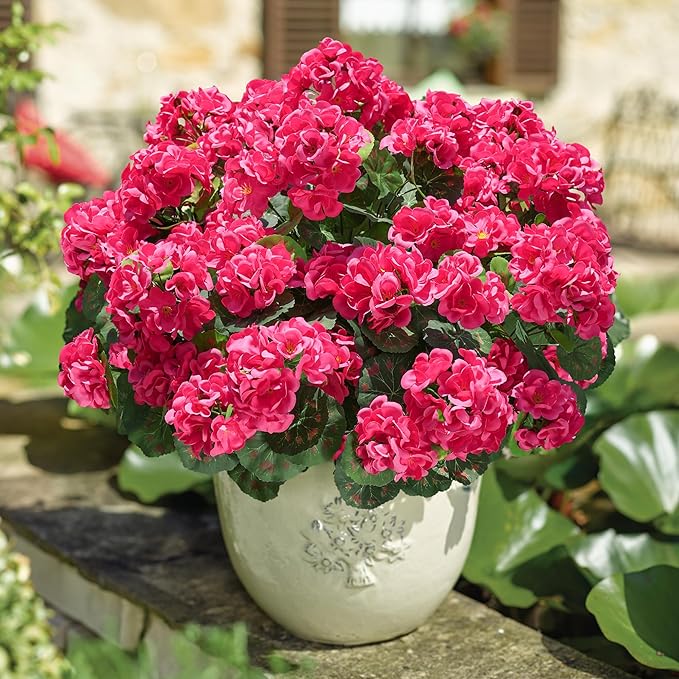 Artificial Geranium Fake Flowers for Outdoors Decoration, 6 Bundles Silk Geraniums Flower UV Resistant Look Real Faux Plants for Outside Planter Front Door Garden Patio Balcony Yard Home, Hot Pink
