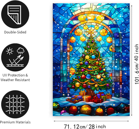 Stained Glass Christmas Tree Garden Flag Merry Xmas House Flags 28x40 Double Sided Welcome New Year Outdoor Flag Happy Holidays Flag Large Winter Yard Flag for Outside Lawn Decor
