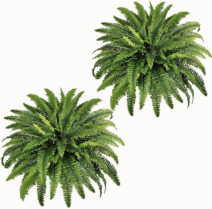 Fake Ferns - 2 Packs Artificial Ferns for Outdoors & Indoors, 45in Large Boston Fern with 55 Fronds, Realistc Faux Greenery Plants Ideal for Porch Entrance Hall Planters Windowsills Office Home Decor