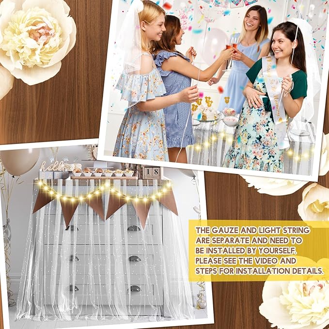 Kinlop Plug in Type 10 ft 64x120 Inch White Pearl Tulle Table Runner with LED Lights for Valentine's Wedding White Chiffon Birthday Table Skirt Tablecloth Decor Outside Baby Shower Ceremony