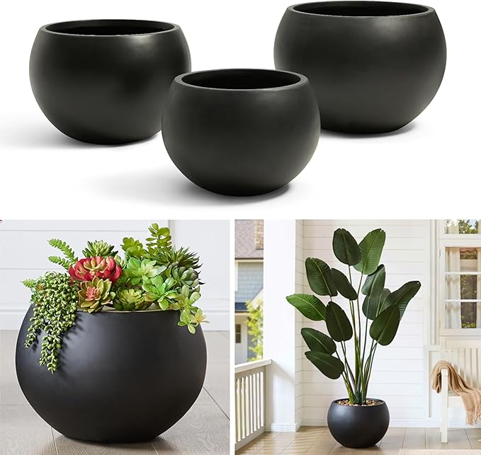 FloraFairy Fiberstone Sphere Planter, Black 15.8" Dia Round Flower Pot with Drainage Hole and Removable Plug, Round Plant Pot for Indoor Outdoor Use, 11.8" Opening-10.9" H, Medium