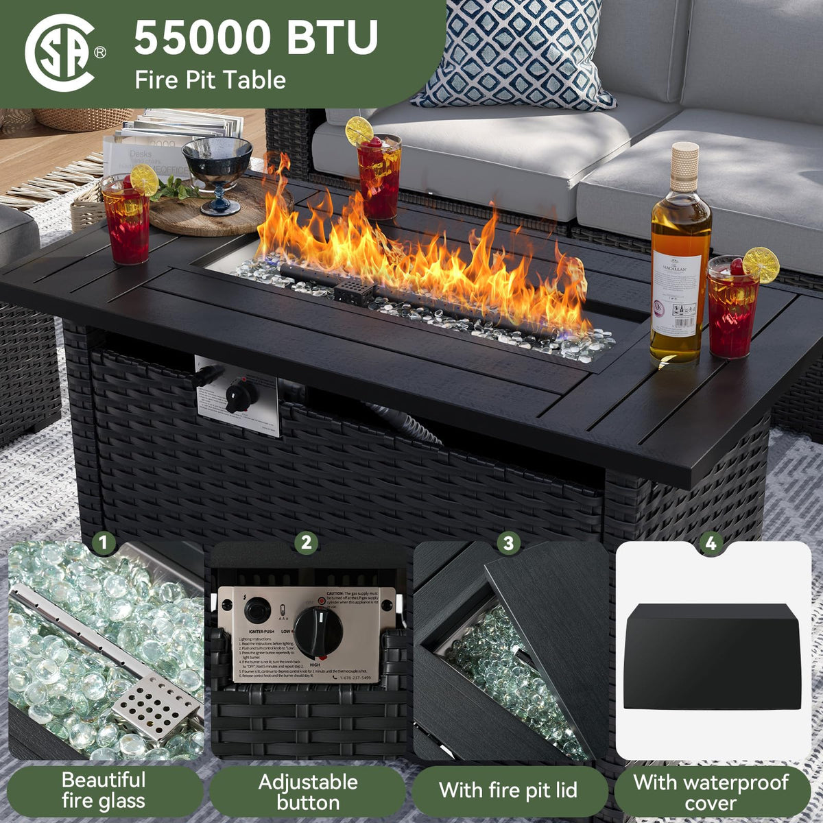 Aoxun 8 Piece Patio Furniture Set with 44” Fire Pit Table, Wicker Rattan Patio Sectional Sofa, Outdoor Furniture Set with Thickened Cushion, Light Gray