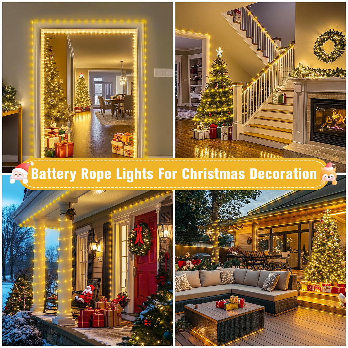 JMEXSUSS 2 Pack Christmas Lights Battery Operated Rope Lights Warm White