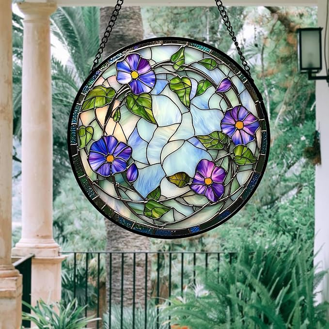 DASTOLL Stained Glass Window Hanging, Purple Morning Glory Flowers Suncatcher for Doors Window Home Plant Sun Catchers Decoration Mother's Day Birthday Gifts for Women, Men, and Mom 7.8x7.8 in
