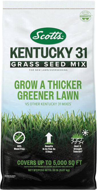 Scotts Kentucky 31 Grass Seed Mix for New Lawns or Overseeding, Grows Thicker and Greener vs. Other Kentucky 31 Mixes, Covers up to 5,000 sq. ft.