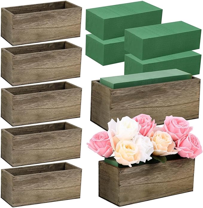 Havawish 10 Sets 10 x 4 x 4 in Wood Rectangular Planter Boxes Bulk Wood Flower Box Centerpiece Vases with Floral Foam Blocks Rustic Flower Pot Indoor Window for Wedding Arrangement