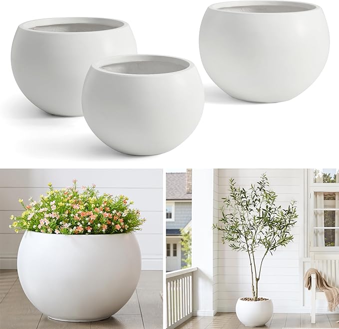 FloraFairy Fiberstone Sphere Planter, 19.3" Dia x 13" H Large Flower Pot with Drainage Hole and Silicone Plug, Round Plant Container for Indoor or Outdoor, 15" Opening, Large White