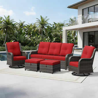 Joyside 5 Piece Wicker Patio Furniture Set, Outdoor Swivel Rocker Patio Chairs with High Back, Deep Seating, Wide Armrest, Thickened Cushions, Outdoor Furniture for Deck, Porch Use