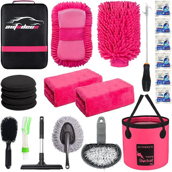 AUTODECO 22Pcs Car Wash Cleaning Tools Kit Car Detailing Set with Canvas Bag Pink Collapsible Bucket Wash Mitt Sponge Towels Tire Brush Window Scraper Duster Complete Interior Car Care Kit