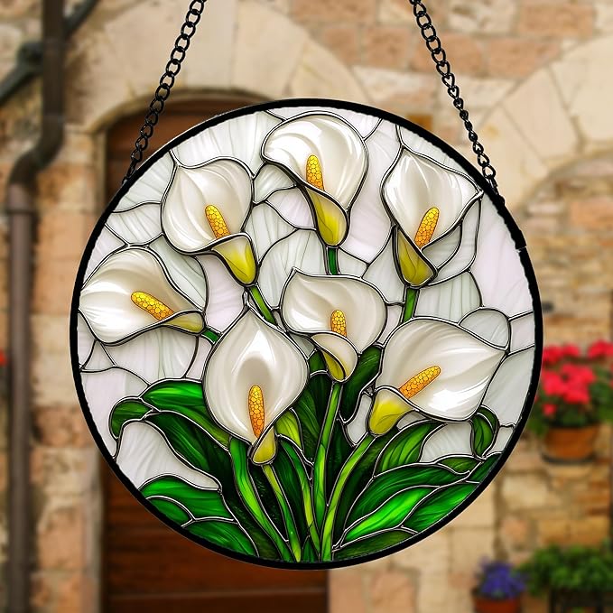 Stained Glass Window Hanging, White Calla Lily Suncatcher Diamond Glass Panel Hangings Flowers Sun Catchers Decor for Birthday for Women, Men, Wife, Aunt, and Mom 6.3 in