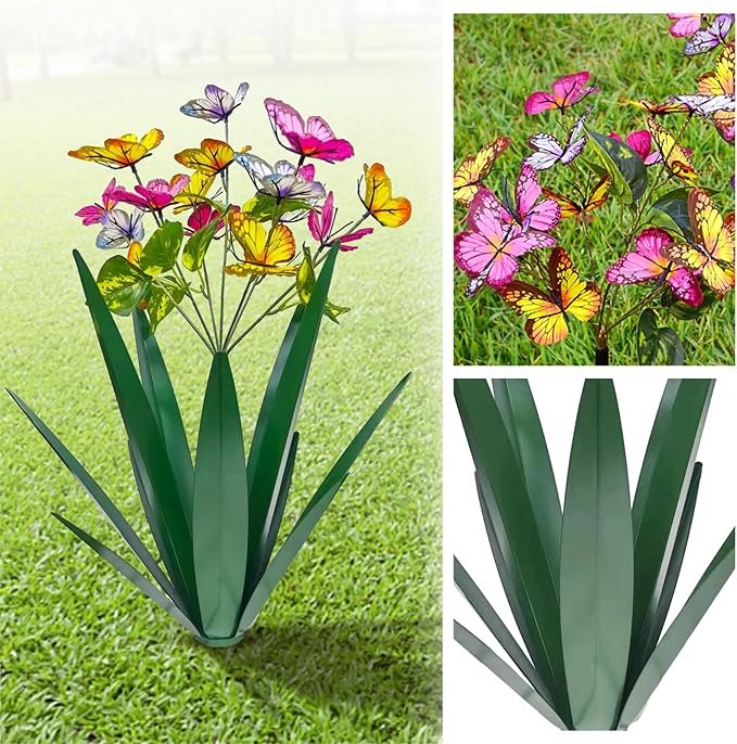 TOMBABY Garden Outdoor Butterfly Enlarge Thickened Wind Resistant Metal Agave Garden Art Metal Plant Country Sculpture Statue Decorations Ornaments Artificial Waterproof Butterflies(Green 2pcs)
