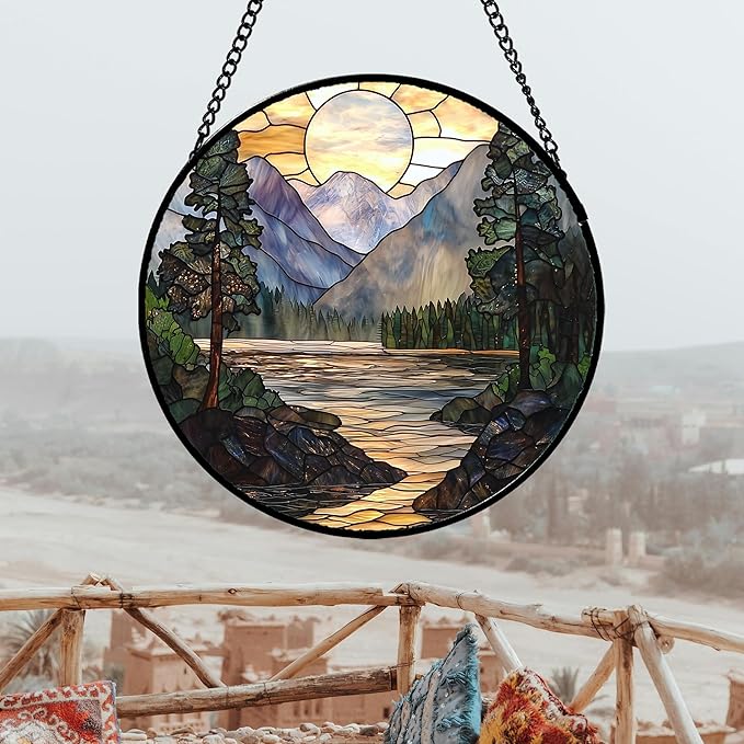 Stained Glass Window Hanging, Sunset Mountains Lake Tree Sun Catcher for Window Home Decor Landscape Suncatcher Mother's Day Birthday Gifts for Women Men Mom and Nana 6.3 in