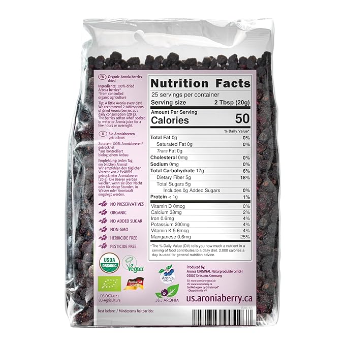 Aronia Original Organic Dried Aronia Berries 17.6 oz (500 g) - Unsweetened Black Chokeberries, Gently Dried After Harvest - Vegan, Non-GMO, No Sulfites or Additives