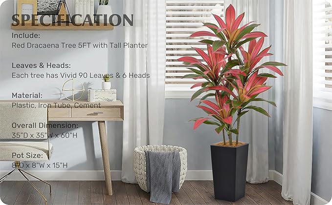 Roselywed Artificial Red Dracaena Tree 5FT with 90 Leaves & 6 Heads & White Tall Planter Cover with Coconut Fiber Tall Faux Tropical Silk Bicolor Plant 60 Inch for Indoor Home Office Porch Mall Decor