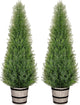VIVATREES 4FT Artificial Cedar Topiary Trees with Rustic Barrel Planter, Outdoor Indoor Realistic Faux Pine Shrubs Plants, Fake Cypress Trees for Home Offices Porch Decor, Set of 2