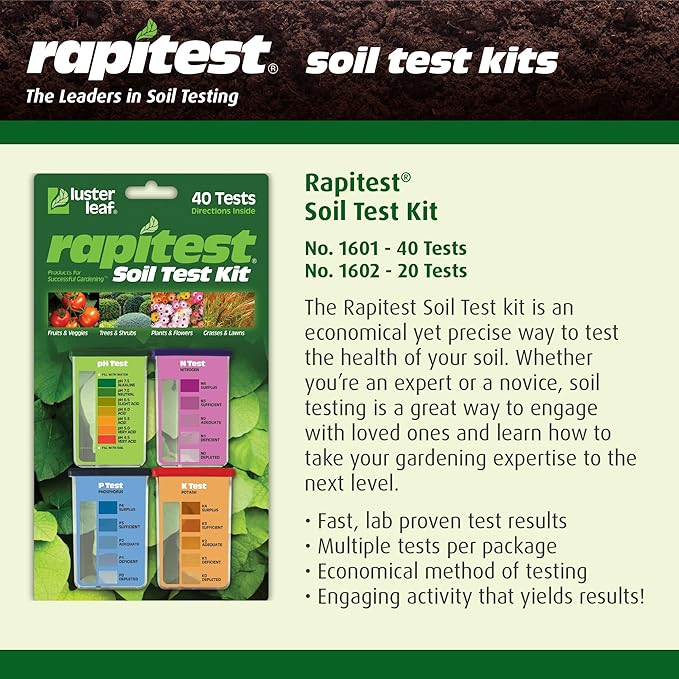 Rapitest Soil Test Kit for Gardens, Vegetables, Flowers and Lawns. USA designed and assembled soil tester completely, quickly and accurately measures/analyzes soil pH acidity and garden nutrients.