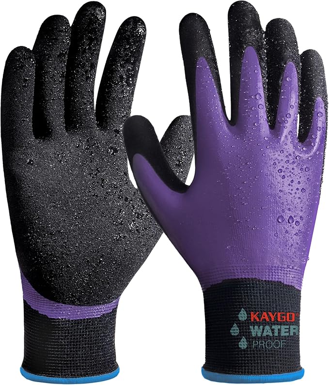 KAYGO Waterproof Work Gloves for Men and Women, Rubber Coated Non-slip Working Gloves for Garden, Outdoor Construction,KG150,Purple,M