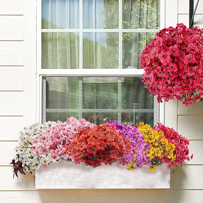 Uieke 16PCS Artificial Flowers for Outdoor UV Resistant Fake Flowers No Fade for Indoor Outside Home Garden Porch Window Box Décor (Rose Red)