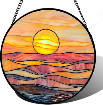 HWRHTR Stained Glass Window Hanging, Orange Sunrise Suncatcher Diamond Glass Panel Hangings Scenery Sun Catchers Decor for Birthday for Women, Men, Wife, Aunt, and Mom 14.9 in