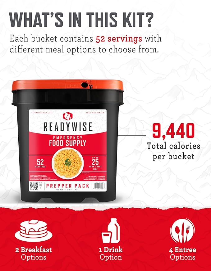 ReadyWise Prepper Pack Bucket - 52 Servings Emergency Food Supply, Survival Kit, Protein Meals, Dehydrated & Freeze Dried Food, Ready to Eat Camping Essentials, up to 25 Year Shelf Stable Life