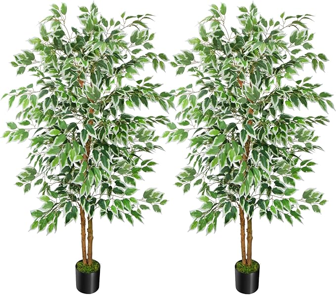 GTIDEA 2 Pcs 5ft Ficus Artificial Trees, Tall Faux Trees Indoor with Natural Trunk and Fake Silk Tree Fake Plants for Home Fall Decor Living Room Outdoor Balcony House Office (Included Dried Moss)