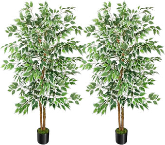 GTIDEA 2 Pcs 5ft Ficus Artificial Trees, Tall Faux Trees Indoor with Natural Trunk and Fake Silk Tree Fake Plants for Home Fall Decor Living Room Outdoor Balcony House Office (Included Dried Moss)