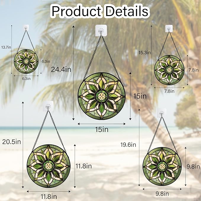 HWRHTR Stained Glass Window Hanging - White Green Boho Flower Suncatcher for Doors Window Home Sun Catchers Decor Christmas Mother's Day Birthday Gifts for Teacher Women Men Mom Nana 9.8 in