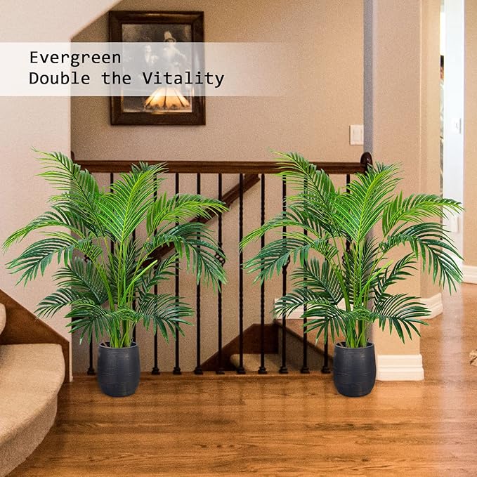 Worth Garden 4ft Artificial Areca Palm Plant 2 Packs in Pot, Fake Cane Palm Silk Tree Indoor Outdoor, Dypsis Lutescens, 47in Lifelike Faux Silk Plant Home Decor, Two Linen Bags Included