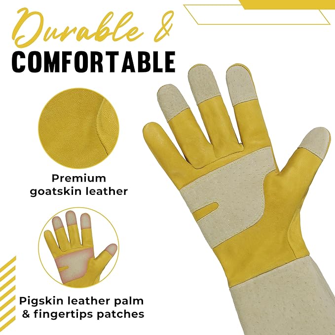 HANDLANDY Rose Pruning Gardening Gloves for Men Women, Thorn Proof Forearm Protection Leather Garden Gloves, Gardening Gifts for Gardeners (Yellow- goatskin, Small (Pack of 1))