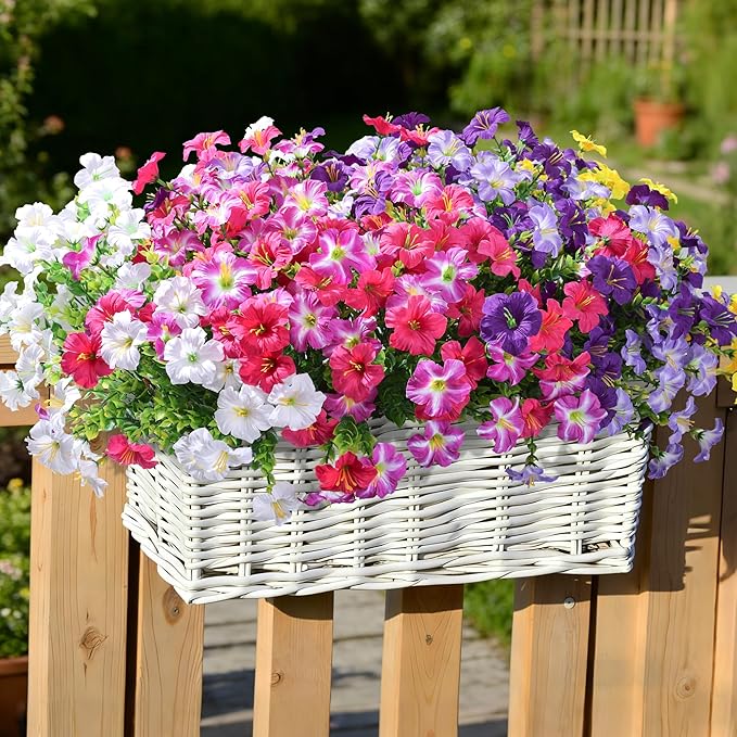 Artificial Flowers for Outdoors Fake Plants Outside Decoration, 20 Bundles White Silk Petunia with Eucalyptus UV Resistant Realistic Faux Flowers for Outdoor Planters Garden Balcony Yard Porch Patio