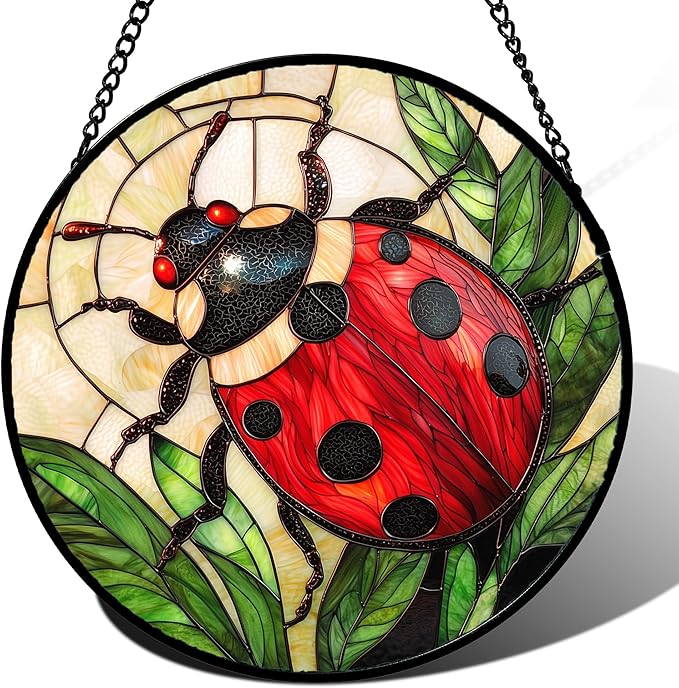 AMDERVEN Stained Glass Window Hanging - Red Seven-Spotted Ladybug Sun Catcher for Door Home Decor Insect Suncatcher Christmas Mother's Day Birthday Gifts for Women Men Mom Nana 15 in