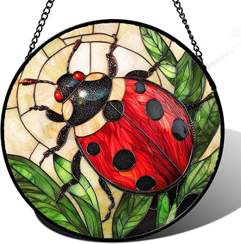 AMDERVEN Stained Glass Window Hanging - Red Seven-Spotted Ladybug Sun Catcher for Door Home Decor Insect Suncatcher Christmas Mother's Day Birthday Gifts for Women Men Mom Nana 15 in