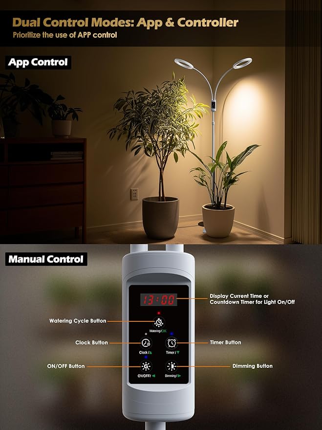 Smart Grow Lights for Indoor Plants,48W 2-Head Plant Light with Auto-Timer, Full Spectrum LED Grow Light, Adjustable Height & Stepless Dimming,Plant Assistant Suitable for Most Plants (White, 48W)