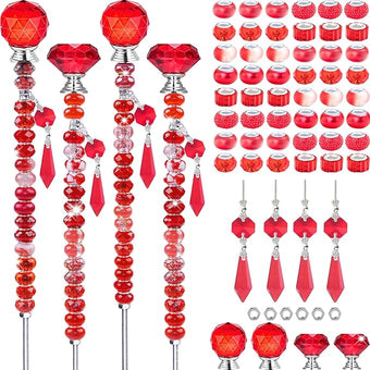 121 Pcs DIY Fairy Wand Beaded Garden Stakes Kit, Fairy Wands Garden Kit Red Large Hole Bead with Sparkling Pendants Crystal Stopper Top Threaded Rod Beaded Garden Stakes Supplies Outdoor Decorative