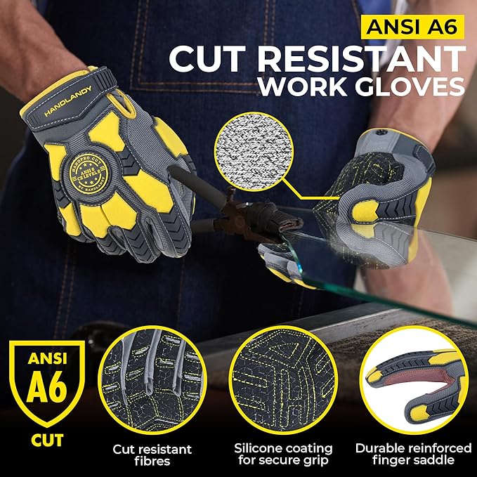 HANDLANDY Anti Vibration Gloves, SBR Padding, TPR Protector, Mechanic Work Gloves (Large, Black)