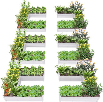 A ANLEOLIFE 6 Set U-Shaped Galvanized Raised Garden Beds Outdoor,6x6x1.5ft Large Metal Planter Box for Planting Vegetables Flowers Herb, Anti-Rust & Easy-Setup, Antique White