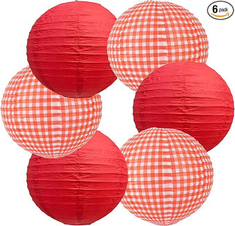 BEISHIDA Red White Plaid Round Paper Lanterns Decorative Hanging Asia Chinese Japanese Paper Lanterns Lamp for Birthday Wedding Baby Bridal Shower Home Decor Party Decoration（6Packs）