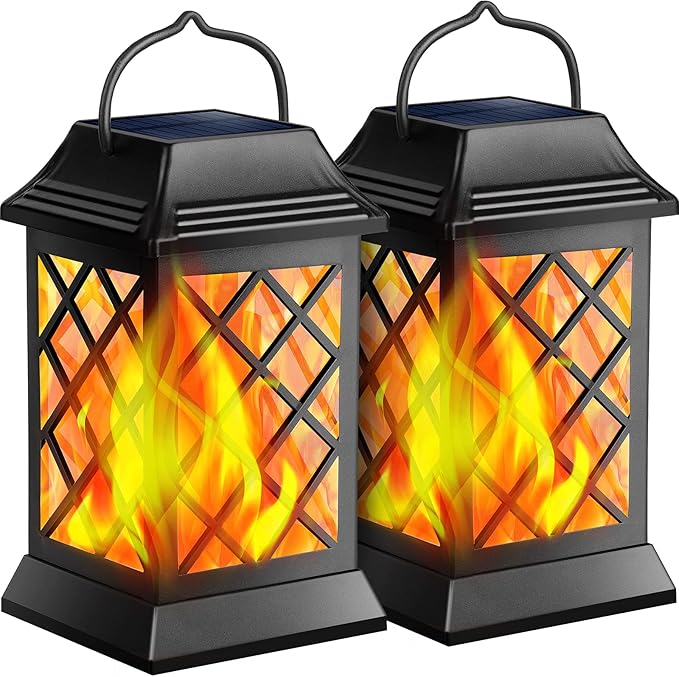 TomCare Solar Lights Outdoor Flickering Flame Metal Solar Lantern Outdoor Hanging Decorative Lanterns Heavy Duty Waterproof Umbrella Decorations Lighting for Patio Garden Deck Yard, 2 Pack (Black)