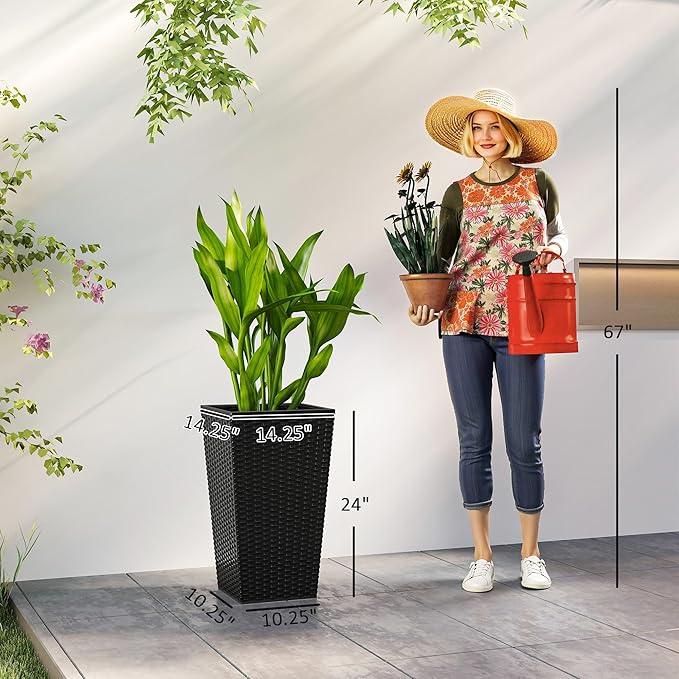 Outsunny Tall Planters for Outdoor Plants Set of 3, 24 in Taper Planters with Drainage Holes, Rattan Decor Plant Pots for Indoor Outdoor Front Porch Patio Backyard, Black