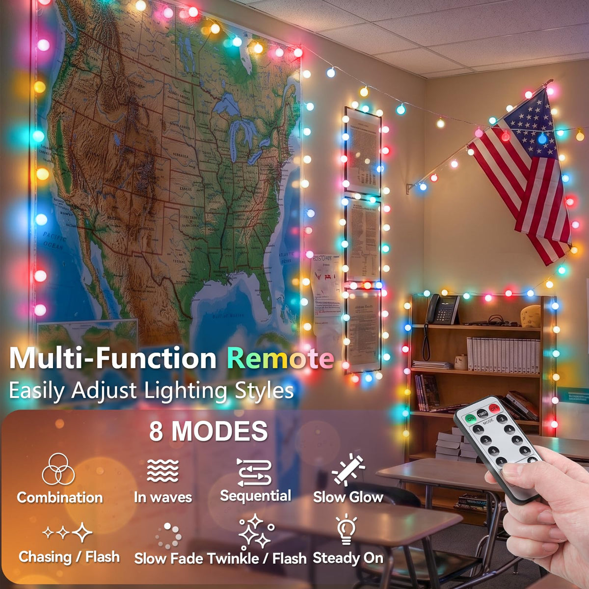 suddus 109ft Connectable Globe String Lights Plug in Remote Pastel Color