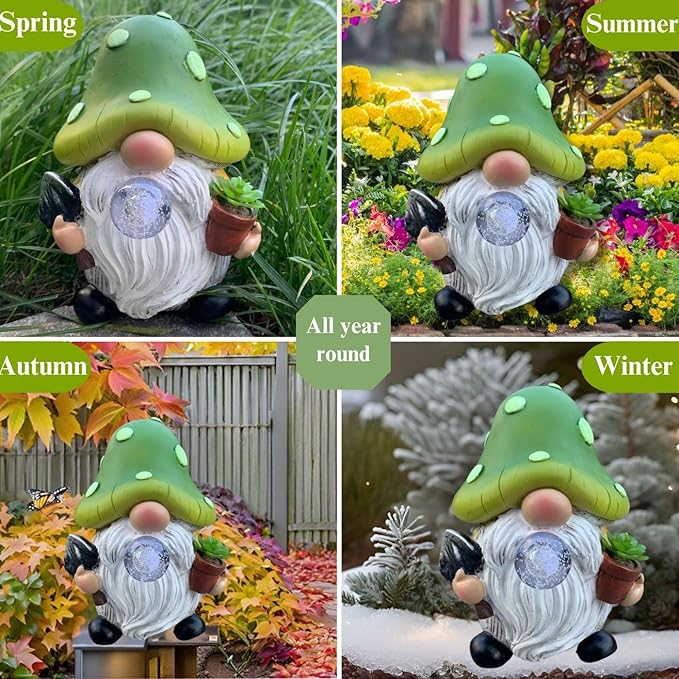 Solar Mushroom Gnomes Garden Statues Outdoor Decor with Night Glow,Cute Fairy Garden Statues for Yard,Pathway,Lawn Art Ornamen,Spring,Easter,Birthday Christmas Women Mom Gift Idea