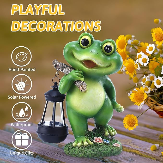 Outdoor Frog Garden Decor: 11'' Yard Decoration with LED Lantern Funny Solar Frog Statue Gifts for Women Mother's Day Housewarming Gift