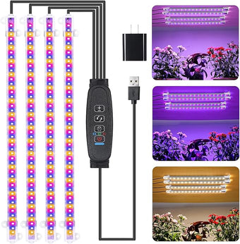 Four Strip Growing Lamp for Indoor Plants, Red & Blue & Yellow Full Spectrum LED Grow Light Strips with Auto ON/Off 3/9/12H Timer,10 Dimmable Levels for Green House Succulent (13 in)