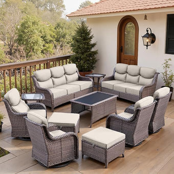 Belord Luxury 6" Thick Cushioned 11 Pieces Patio Furniture Set with Outdoor Couch, Wicker Outdoor Conversation Set with High Back Swivel Rocker Chairs for Deck Porch Yard and Poolside - Brown+Beige