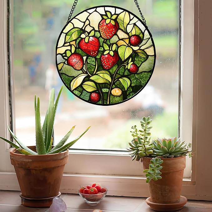 HWRHTR Stained Glass Window Hanging - Red Strawberry Suncatcher for Doors Window Home Green Plant Sun Catchers Decor Christmas Mother's Day Birthday Gifts for Teacher Women Men Mom Nana 6.3 in